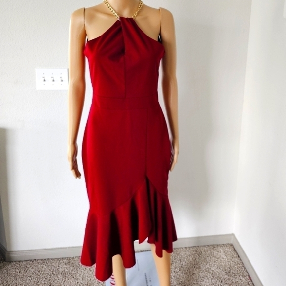 Quiz dress womens sz 8,midi red ruffle dress,gold hardware asymmetrical party - Picture 1 of 12